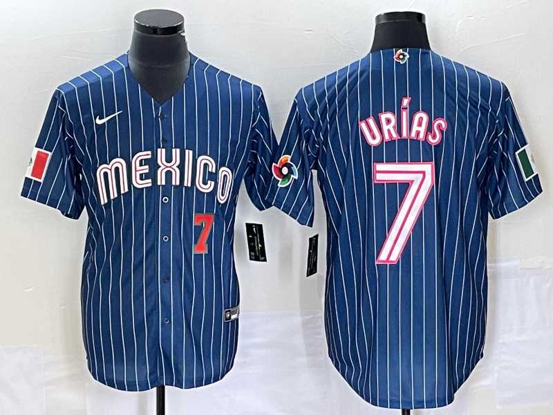 Men%27s Mexico Baseball #7 Julio Urias Number Navy Blue Pinstripe 2020 World Series Cool Base Nike Jersey3